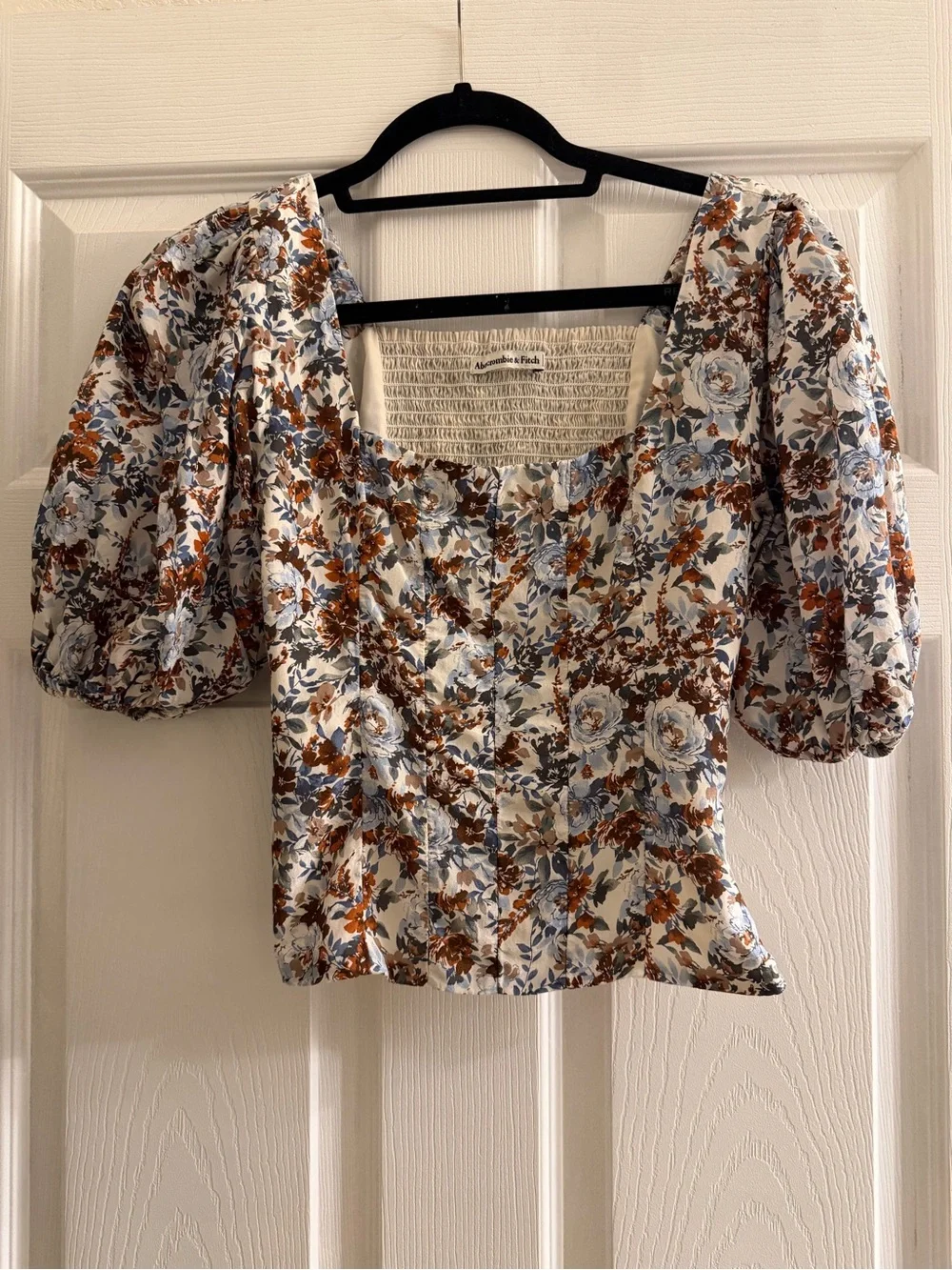 Abercrombie Floral Puff-Sleeve Square Neck Top - White Brown Blue